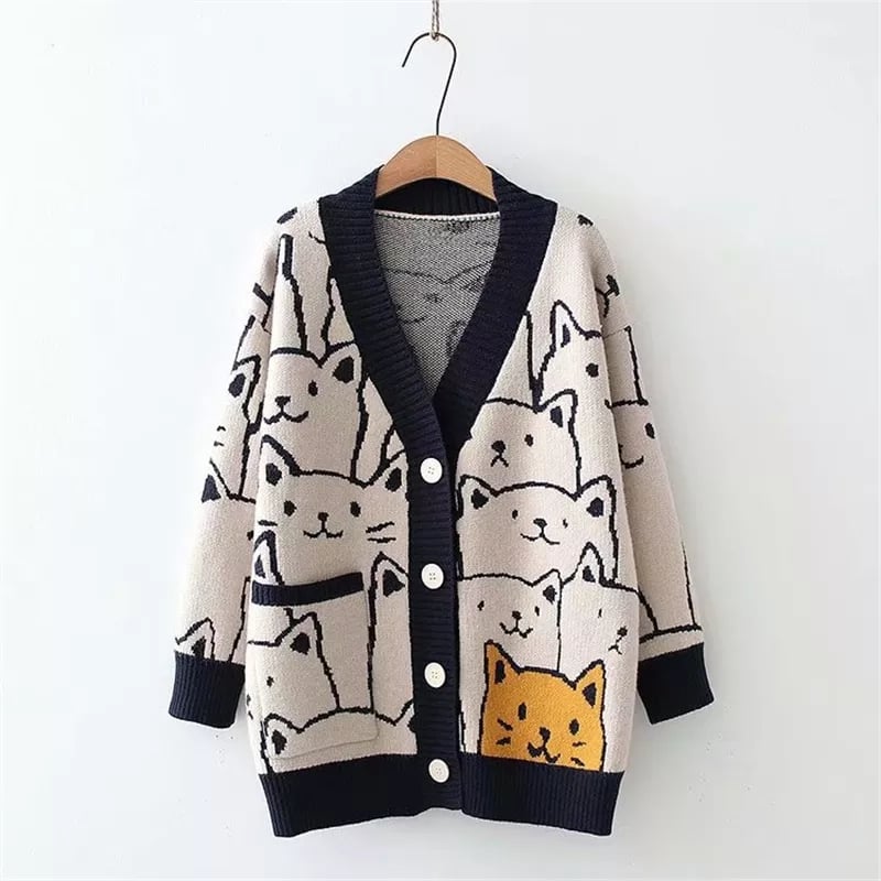 Cat Print V Neck Sweater