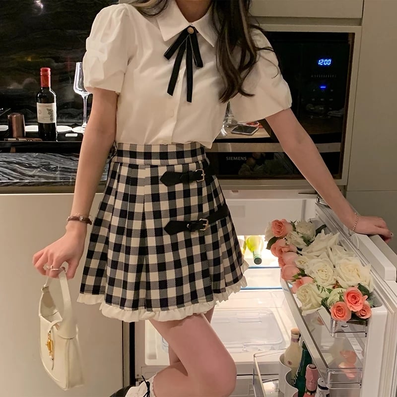 Cute 2pcs Set White Puff Ruffles Sleeve Shirt + Aline Pleated Preppy Mini Skirt Summer Aesthetic Casual E-Girl Kawaii Korean Japanese Harajuku