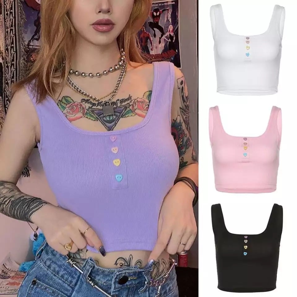 Cute Pastel Purple Heart Button Ribbed Knit Crop Top Causal Tank Top Casual Camisole T-shirt Tee E-Girl Kawaii Korean Japanese Harajuku Streetwear