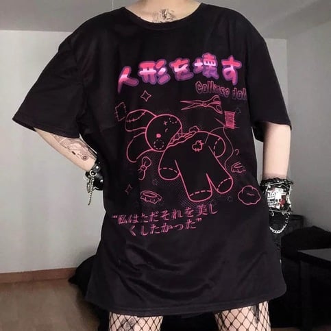 Cute Black Rabbit Bunny Print Oversized Loose Short Sleeve Shirt Tee T-shirt Summer Casual Goth Punk E-Girl Kawaii Korean Japanese Harajuku Streetwear