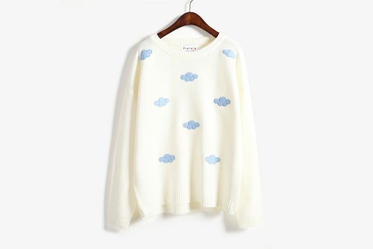 Cute Pastel Cloud Winter Autumn Loose Oversized Casual Knit Sweater Sweatshirt Pullover Jumper Shirt E-Girl Kawaii Korean Japanese Harajuku Streetwear