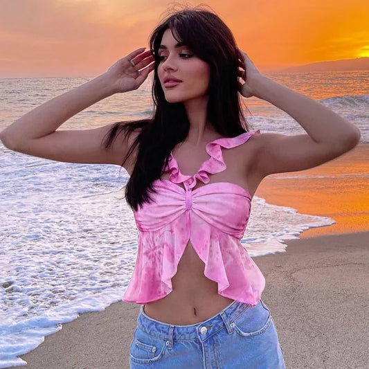 Pink Tie Dye V Neck Ruffle Crop Top