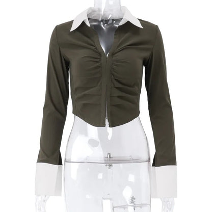 Polo Neck Low Cut Ruched Long Sleeve Crop Top