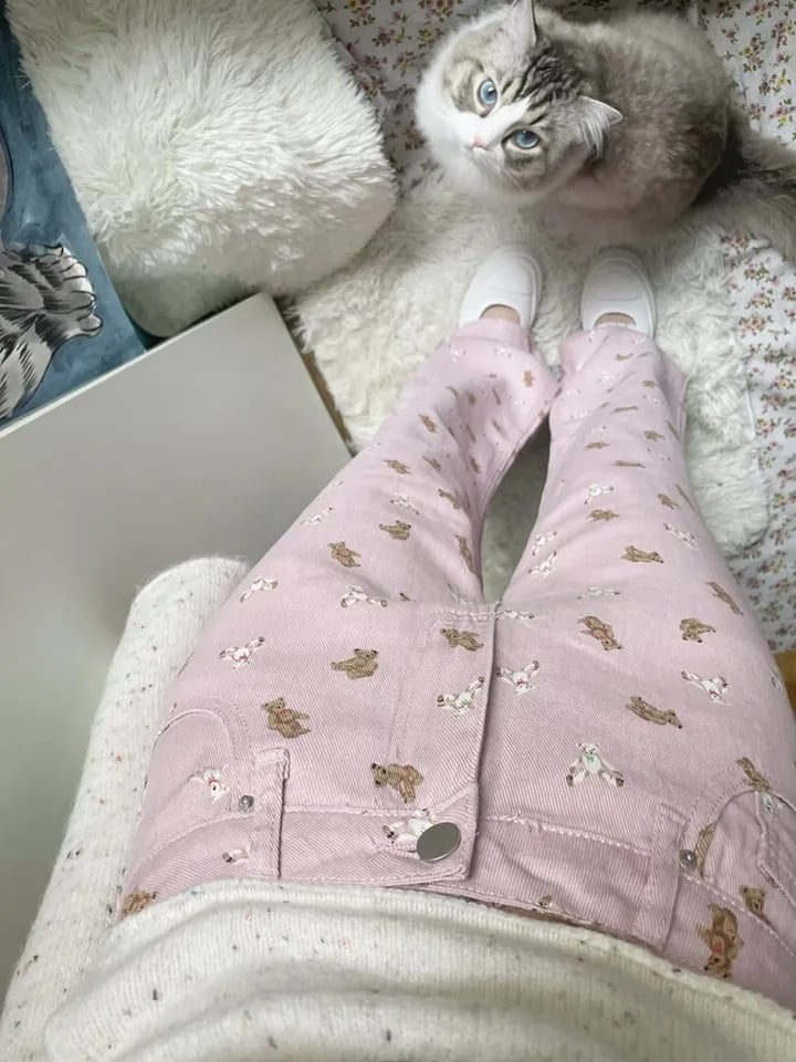 Pink Teddy Bear Print Straight Leg Pants