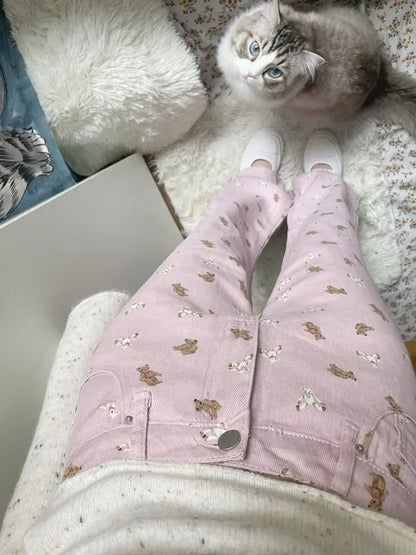 Pink Teddy Bear Print Straight Leg Pants