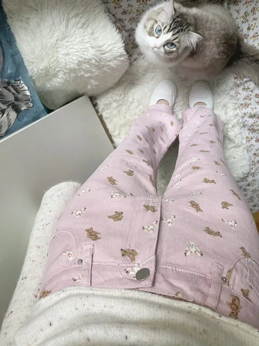 Pink Teddy Bear Print Straight Leg Pants