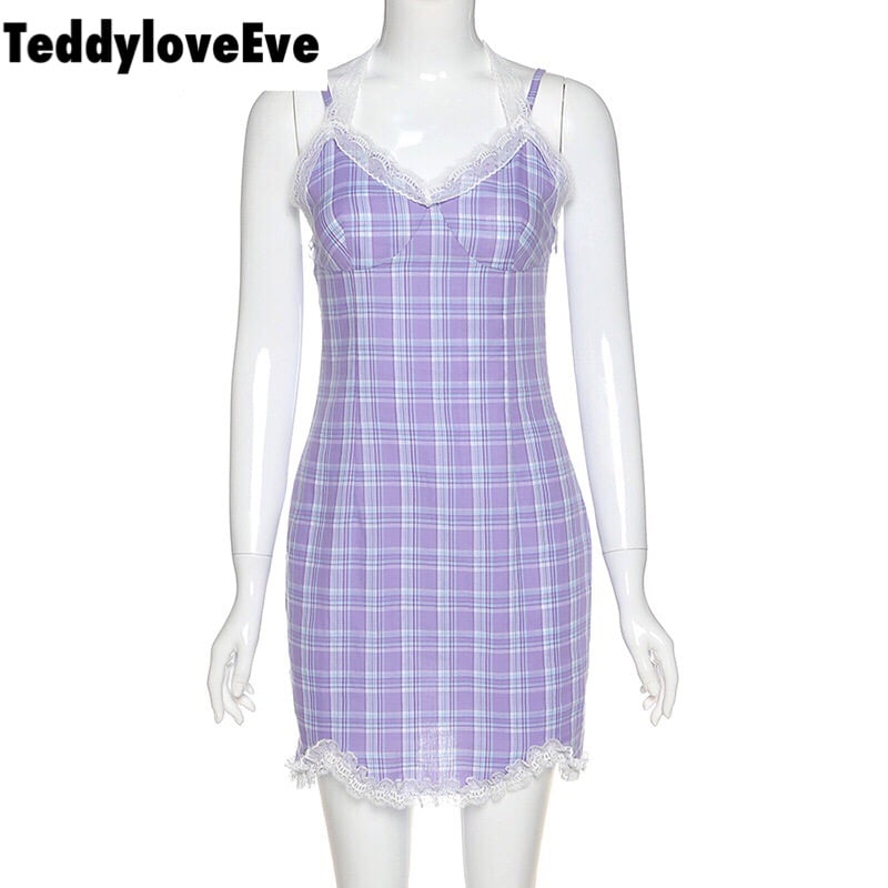 Cute Sexy Plaid Halter V Neck Lace Spaghetti Strap Bodycon Mini Dress Party E-Girl Kawaii Korean Japanese Harajuku Chinese Retro Streetwear Aesthetic