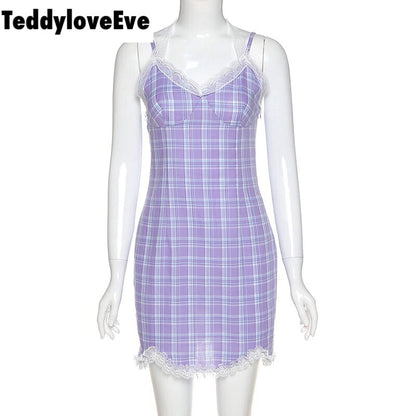 Cute Sexy Plaid Halter V Neck Lace Spaghetti Strap Bodycon Mini Dress Party E-Girl Kawaii Korean Japanese Harajuku Chinese Retro Streetwear Aesthetic