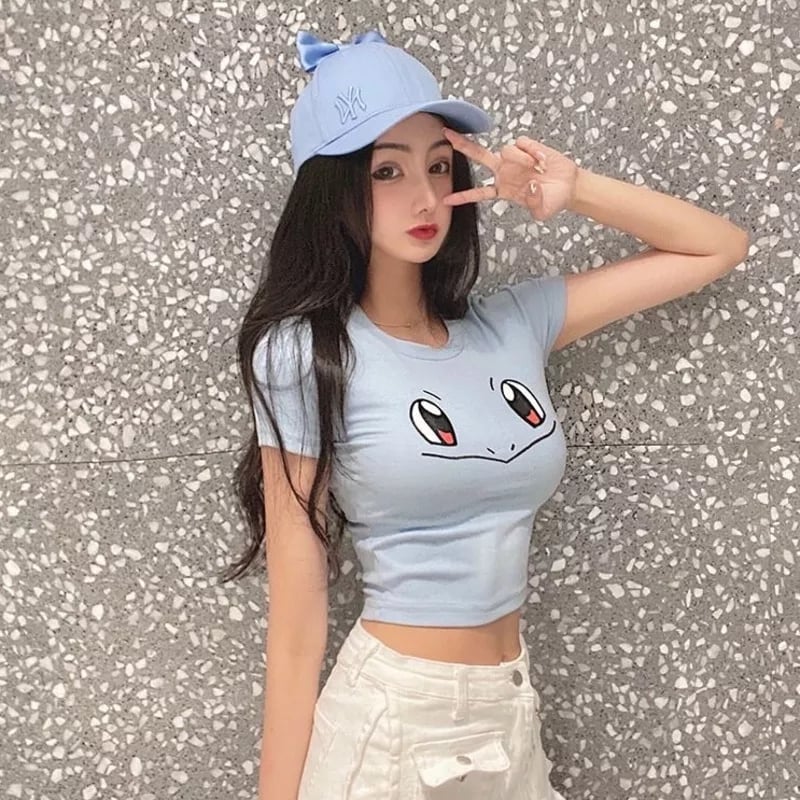 Cute Sexy Pikachu Anime Cartoon Graphic Print Crop Top Short Sleeve Shirt Aesthetic Casual E-Girl Kawaii Korean Japanese Harajuku