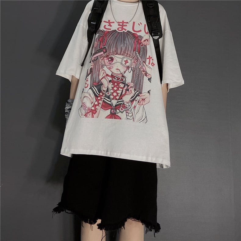 Cute Japanese Girl Punk Goth Print Oversized Short Sleeve Shirt Tee T-shirt E-Girl Kawaii Korean Japanese Harajuku Retro Streetwear Aesthetic