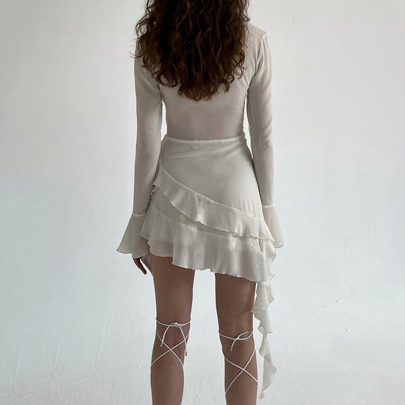 White Ruffle A-Line Chiffon Long Sleeve Flare Dress