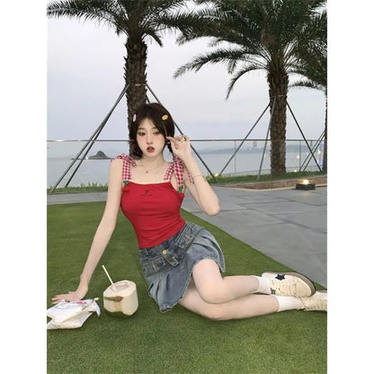 Cherry Red Plaid Embroidery Tank Top