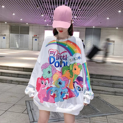Cute Rainbow Colorful Pony Cartoon Print Oversized Sweatshirt Long Sleeve Shirt Pullover Aesthetic Casual E-Girl Kawaii Korean Japanese Harajuku