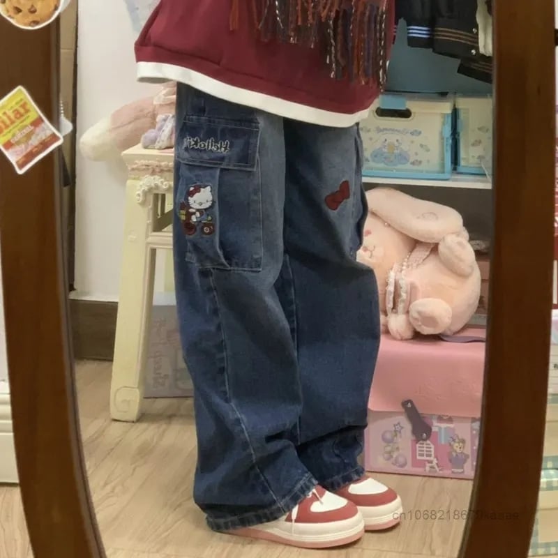 Kitty Cat Embroidery Wide Leg Denim Trousers