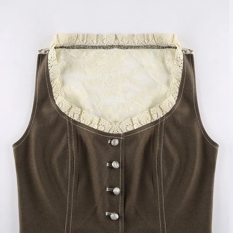 Brown Button Up Lace Patchwork Sleeveless Vest Shirt