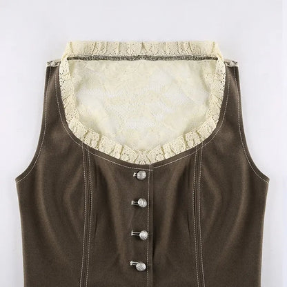 Brown Button Up Lace Patchwork Sleeveless Vest Shirt