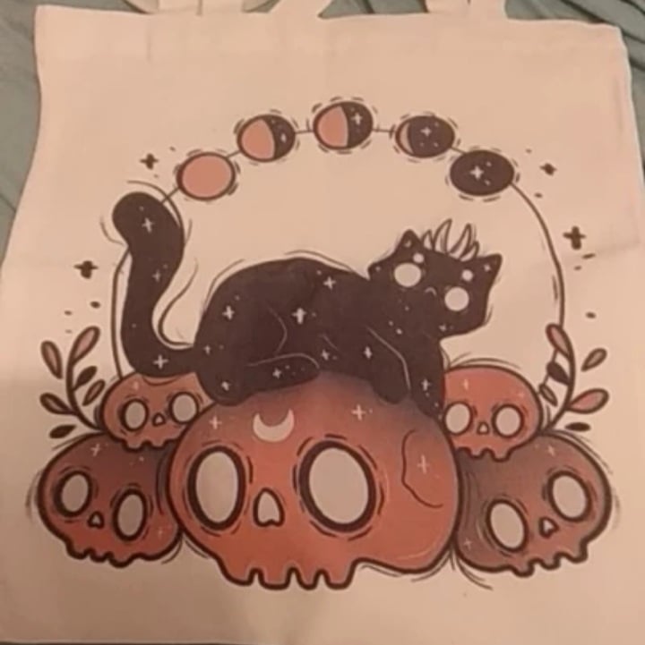 Cute Cat Skull Print Reusable Shopping Bag Canvas Tote Shoulder Bag Aesthetic Casual E-Girl Kawaii Korean Japanese Harajuku