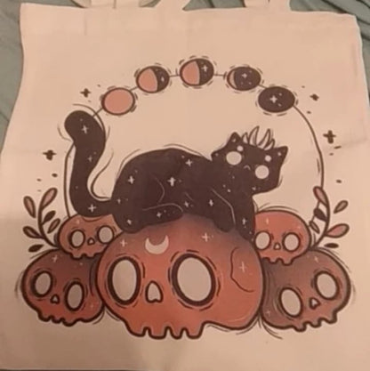 Cute Cat Skull Print Reusable Shopping Bag Canvas Tote Shoulder Bag Aesthetic Casual E-Girl Kawaii Korean Japanese Harajuku