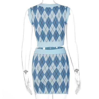 Cute Vintage 90s Argyle Plaid 2 Piece Co-ord Set Knit Sleeveless Tank Crop Top Mini Skirt Aesthetic E-Girl Kawaii Korean Japanese Harajuku Streetwear