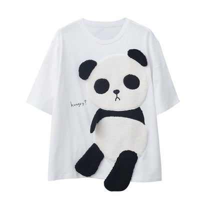 Cute Panda Bear Fleece Hungry Casual Summer Oversized Short Sleeve Tee Shirt T-shirt Top E-Girl Kawaii Korean Japanese Harajuku Streetwear