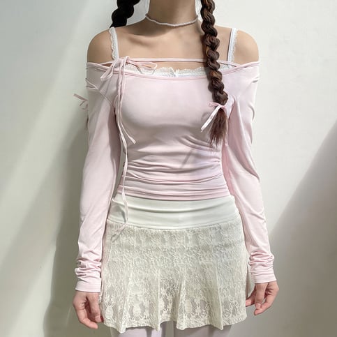 Sweet Lace Up Slash Neck Long Sleeve Shirt