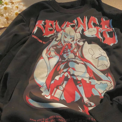 Cute Black Anime Girl Cartoon Print Long Sleeve Shirt Sweatshirt Pullover Goth Punk Aesthetic Casual Summer E-Girl Kawaii Korean Japanese Harajuku