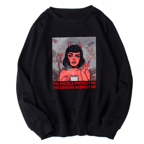 Cute Angel Demon Girl Print Sweater Pullover Hoodie Long Sleeve Top Shirt Sweatshirt E-Girl Kawaii Korean Japanese Harajuku Retro Streetwear Aesthetic