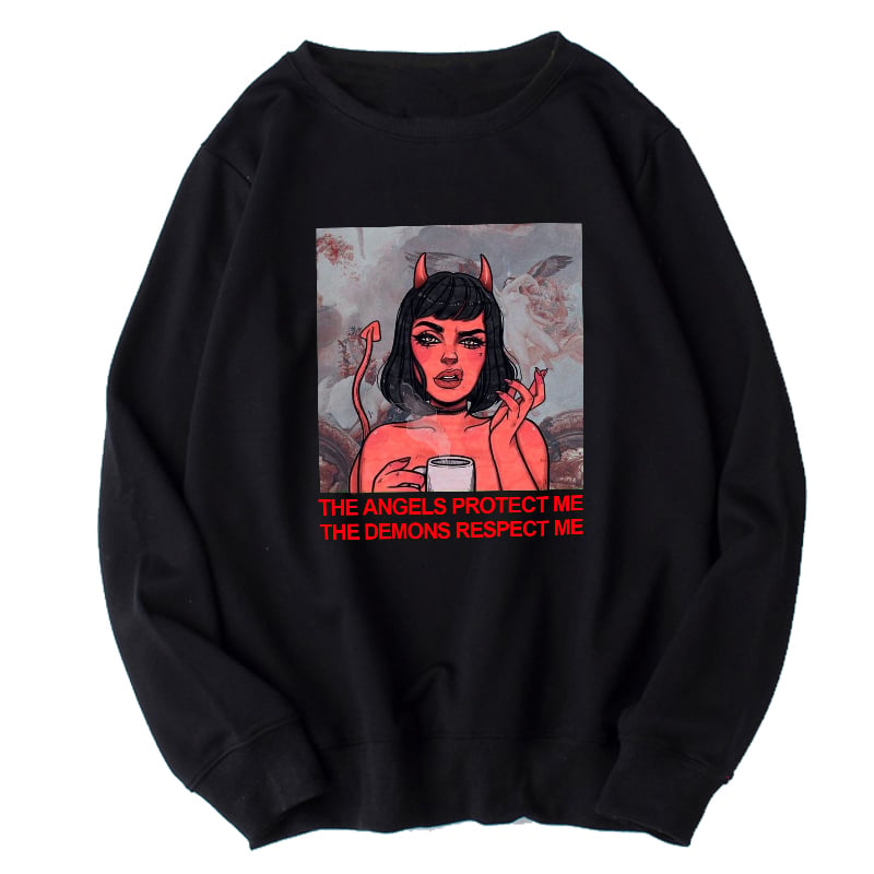 Cute Angel Demon Girl Print Sweater Pullover Hoodie Long Sleeve Top Shirt Sweatshirt E-Girl Kawaii Korean Japanese Harajuku Retro Streetwear Aesthetic