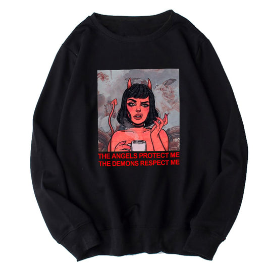 Cute Angel Demon Girl Print Sweater Pullover Hoodie Long Sleeve Top Shirt Sweatshirt E-Girl Kawaii Korean Japanese Harajuku Retro Streetwear Aesthetic