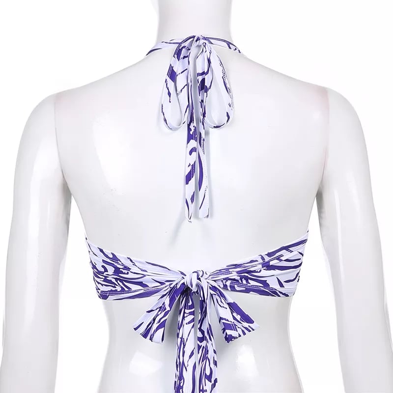 Cute Sexy Tie Dye V-Neck Lace Up Halter Backless Beach Crop Top Summer Aesthetic Casual E-Girl Kawaii Korean Japanese Harajuku