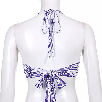 Cute Sexy Tie Dye V-Neck Lace Up Halter Backless Beach Crop Top Summer Aesthetic Casual E-Girl Kawaii Korean Japanese Harajuku