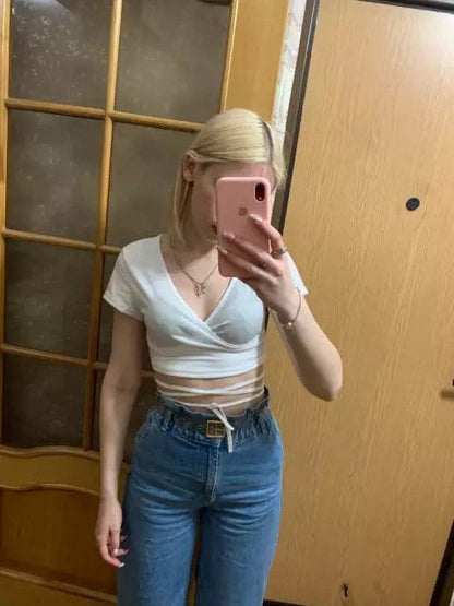 Cute Sexy Solid Color V Neck Tie Up Short Sleeve Crop Top T-shirt Summer Basics E-Girl Kawaii Korean Japanese Harajuku Streetwear