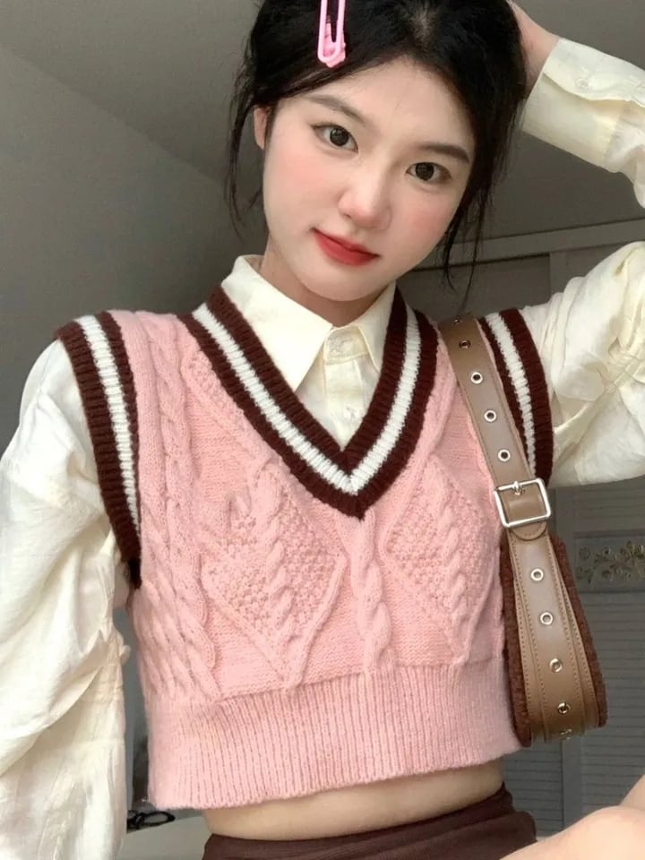 Pink Cable Knit V Neck Sweater Vest