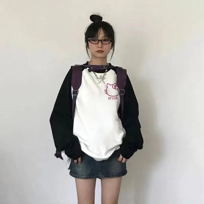 Kitty Cat Anime Cartoon Patchwork Long Sleeve T-shirt
