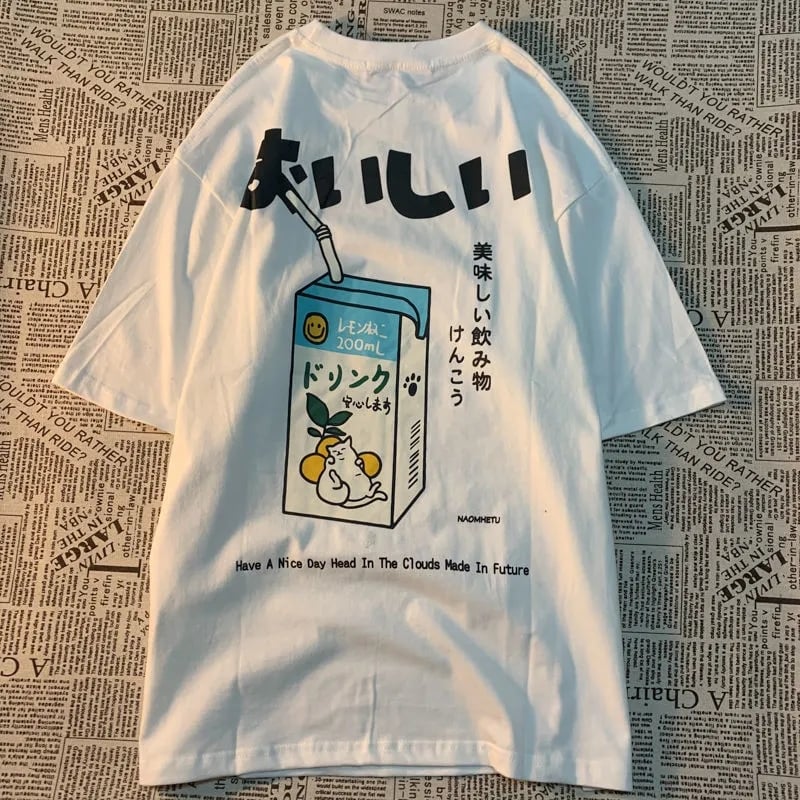 Japanese Cat Juice Box Print Short Sleeve T-shirt