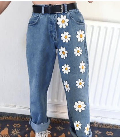 Cute Flower Daisy Denim Chic High Waisted Vintage Jean Pants Trouser E-Girl Kawaii Korean Japanese Harajuku Chinese Retro Streetwear Aesthetic