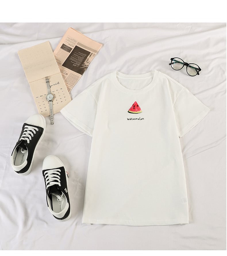 Cute Summer Casual Fruit Print O Neck Short Sleeve Tee Shirt T-shirt Top Loose Oversized E-Girl Kawaii Korean Japanese Harajuku Retro Streetwear