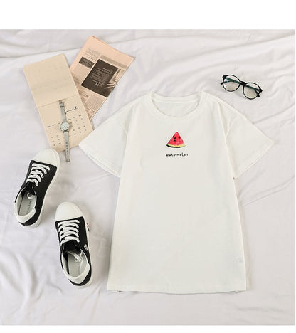 Cute Summer Casual Fruit Print O Neck Short Sleeve Tee Shirt T-shirt Top Loose Oversized E-Girl Kawaii Korean Japanese Harajuku Retro Streetwear