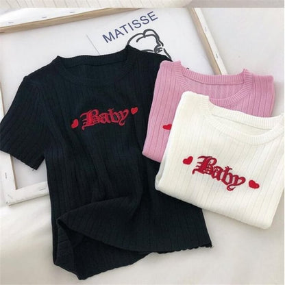 Pastel Pink Baby Embroidery Knit Short Sleeve Shirt Top T-shirt Summer Casual E-Girl Kawaii Korean Japanese Harajuku Streetwear