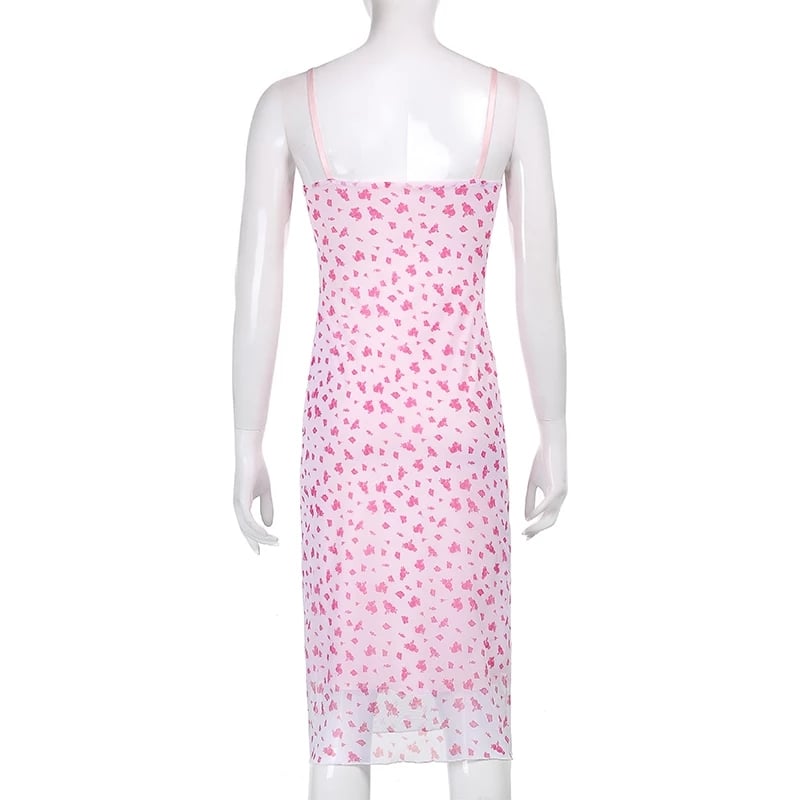 Cute Sexy Pink Floral Long Boho Dress Sleeveless V Neck Lace Trim Bodycon Party Club Beach Summer Vintage Casual E-girl Kawaii Korean