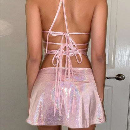 Cute 2pc Set Pink Glitter Fairy Crop Top + Mini Skirt Sexy Club Party Rave Summer Aesthetic Casual E-Girl Kawaii Korean Japanese Harajuku