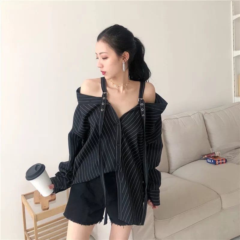 Cute Black Vertical Stripe Buckle Off Shoulder Long Sleeve Shirt Blouse Aesthetic Casual E-Girl Kawaii Korean Japanese Harajuku
