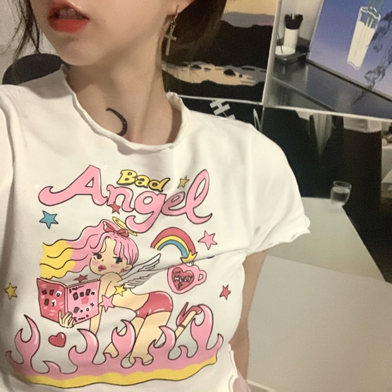 Angel Print Ruffle Short Sleeve T-shirt