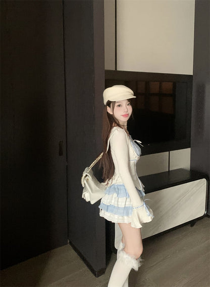2PCS Blue Japanese Blouse + Vintage Mini Skirt