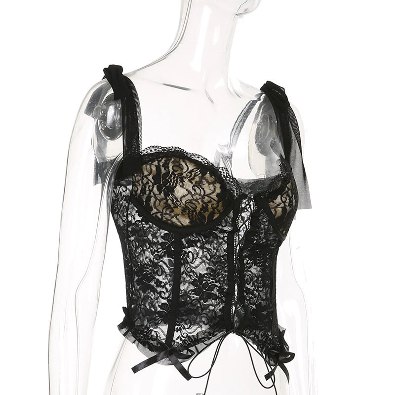 Black Lace Sheer Bow Tie Corset Top