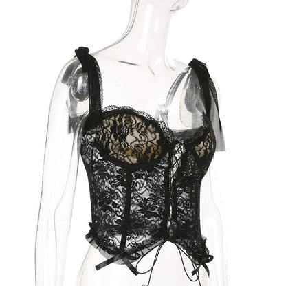 Black Lace Sheer Bow Tie Corset Top