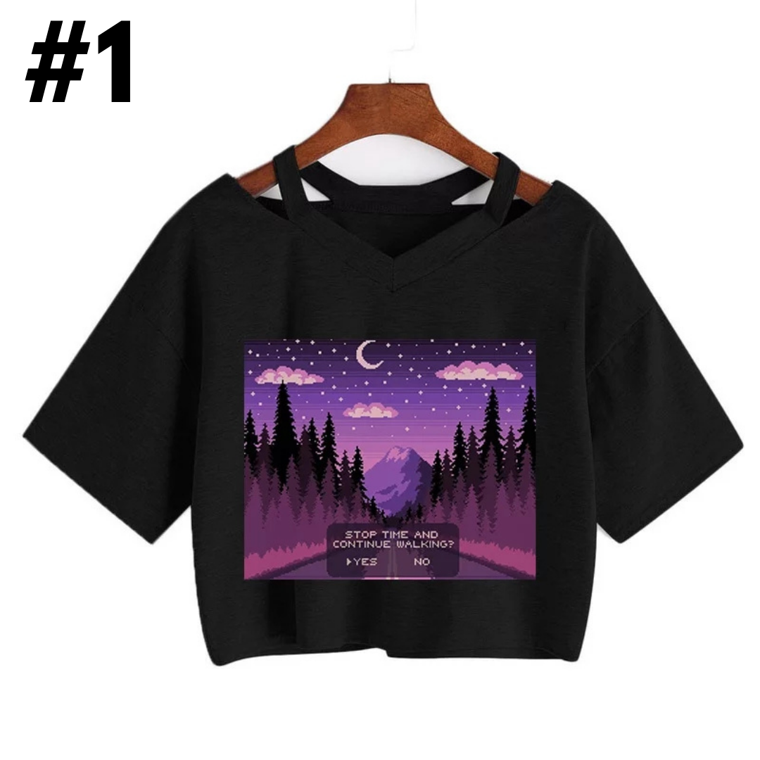 Cute Vintage Mountain Road Moon Night Sky Print Crop Top Short Sleeve Shirt Aesthetic Casual E-Girl Kawaii Korean Japanese Harajuku