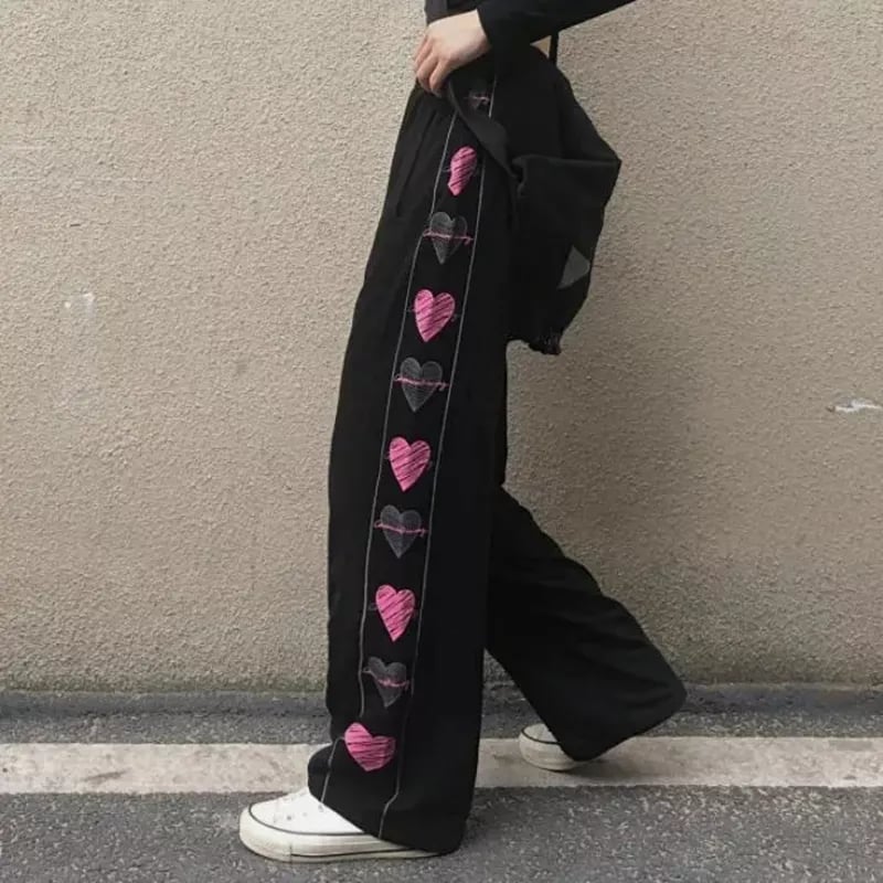 Black Heart Print Wide Leg Trousers
