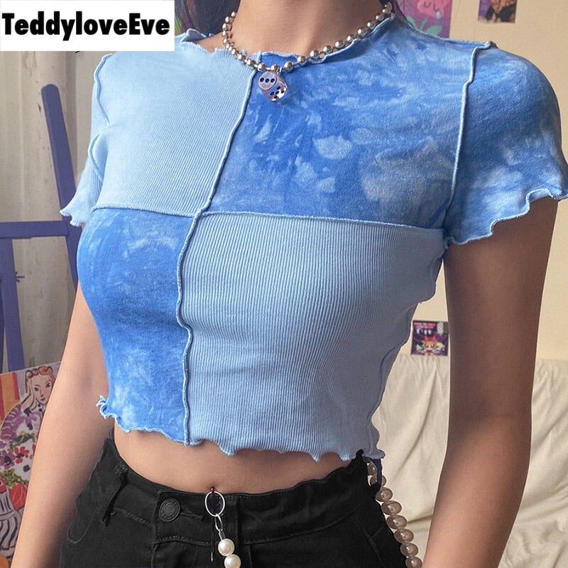 Cute Purple Sequin Ruffle Hem Patchwork Sexy Crop Top Short Sleeve Shirt Tee T-shirt Summer Casual E-Girl Kawaii Korean Japanese Harajuku Streetwear