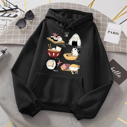 Cute Cat Sushi Cartoon Print Oversized Hoodie Fleece Sweatshirt Pullover Aesthetic Casual E-Girl Kawaii Korean Japanese Harajuku